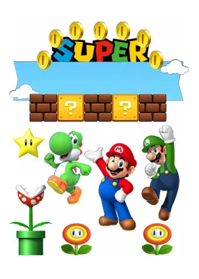 Super Mario – výřezy s cihlami a Yoshim – jedlý papír na hranatý dort