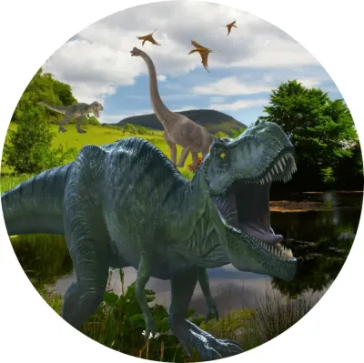 Dinosauři – tyranosaurus v pralese – jedlý obrázek na dort