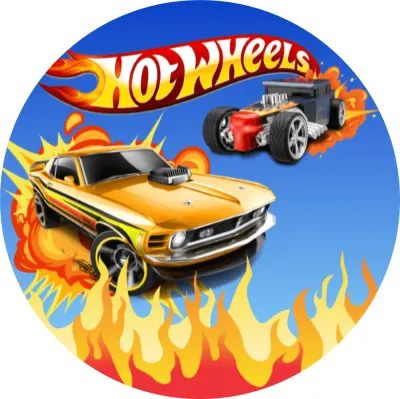 Hot Wheels – žluté auto a plameny – jedlý obrázek na dort