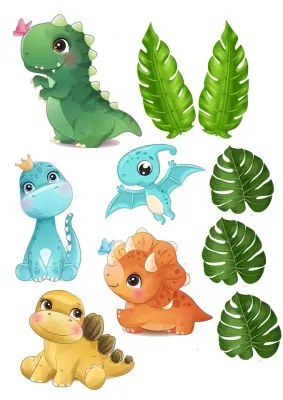 Dinosauři – mláďata a listy – jedlý papír na hranatý dort