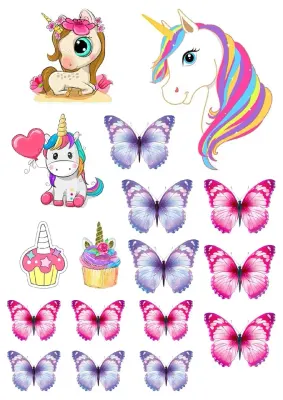 Jednorožec – Unicorn – motýlci a cupcaky – jedlý papír na hranatý dort