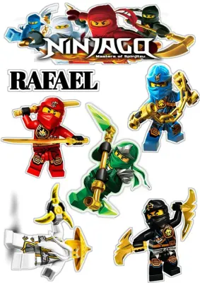 Lego Ninjago – výřezy nindžů s nápisem – jedlý papír na hranatý dort