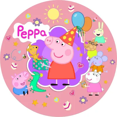 Prasátko Peppa – oslava s kloboučkem – jedlý obrázek na dort
