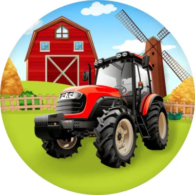 Traktor – červený u stodoly – jedlý obrázek na dort