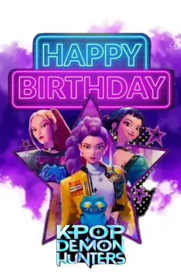 K Pop – Lovkyně Démonů – Hunterx – neonové Happy Birthday – jedlý papír na hranatý dort