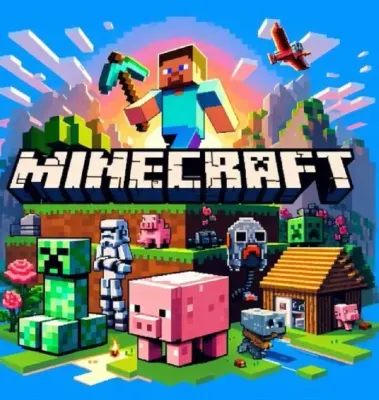 Minecraft – barevná vesnice s logem – jedlý papír na hranatý dort