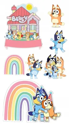 Bluey – výřezy s domem a duhou – jedlý papír na hranatý dort