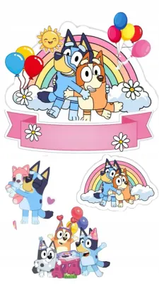 Bluey – balónky a stuha – jedlý papír na hranatý dort