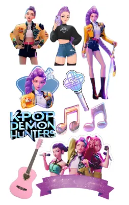 K Pop – Lovkyně Démonů – Hunterx – výřezy postav a kytary – jedlý papír na hranatý dort