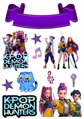 K Pop – Lovkyně Démonů – Hunterx – výřezy se stuhou a hvězdami – jedlý papír na hranatý dort