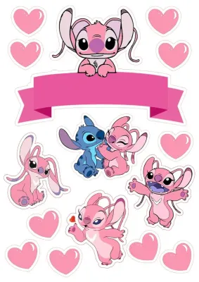 Lilo a Stitch – Angel se srdíčky a stuhou – jedlý papír na hranatý dort