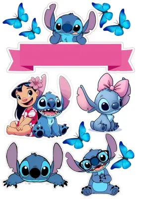Lilo a Stitch – výřezy s motýly a stuhou – jedlý papír na hranatý dort