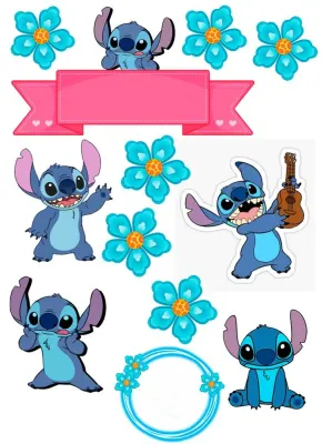 Lilo a Stitch – tyrkysové kytičky a stuha – jedlý papír na hranatý dort