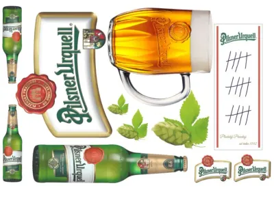 Pilsner – Plzeň – Pivo – korbel a láhve – jedlý papír na hranatý dort