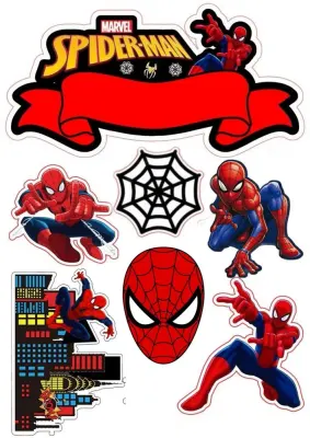 Spiderman – výřezy se stuhou a pavučinou – jedlý papír na hranatý dort