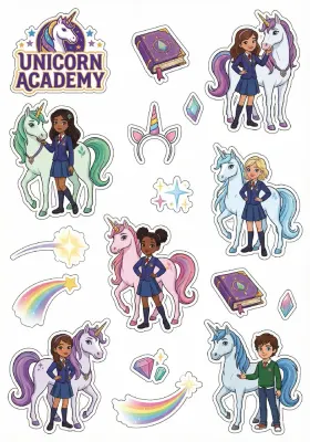 Jednorožčí Akademie – Unicorn Academy – výřezy s logem – jedlý papír na hranatý dort