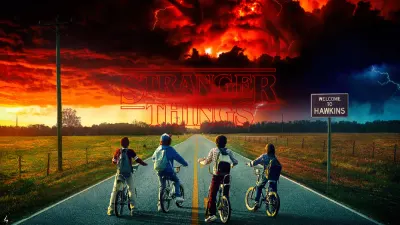 Stranger Things – kola a rudá obloha na šířku – jedlý papír na hranatý dort