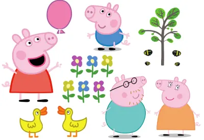 Prasátko Peppa – rodinka a kachničky – jedlý papír na hranatý dort