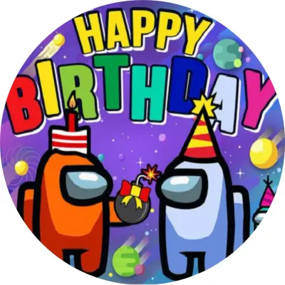 Among Us – Happy Birthday – jedlý obrázek na dort