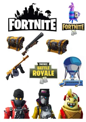 Fortnite – výřezy truhel a zbraní – jedlý papír na hranatý dort