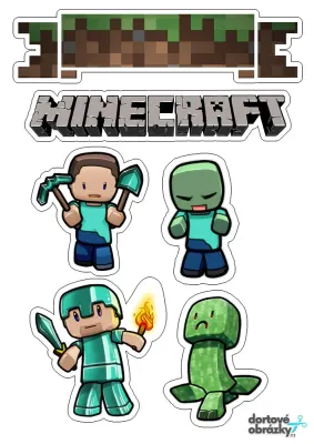 Minecraft – výřezy postaviček s logem – jedlý papír na hranatý dort