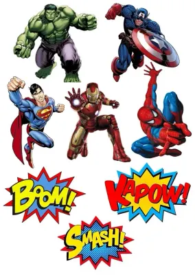 Avengers – hrdinové a komiksové nápisy – jedlý papír na hranatý dort