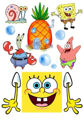 Spongebob – výřezy s ananasem a bublinami – jedlý papír na hranatý dort