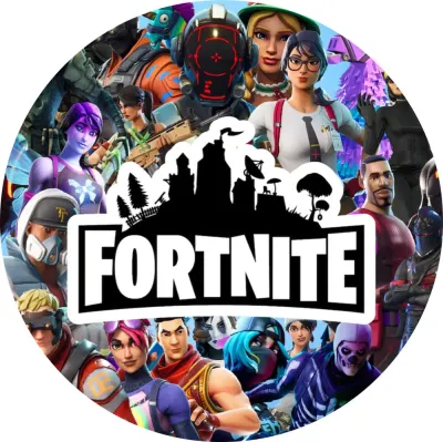 Fortnite – logo a zástup skinů – jedlý obrázek na dort