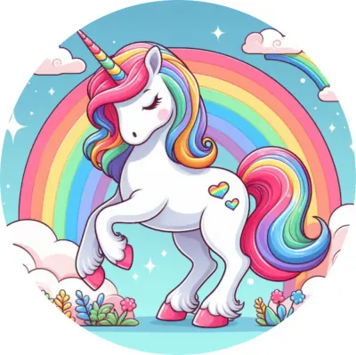 Jednorožec – Unicorn – tančící pod duhou – jedlý obrázek na dort