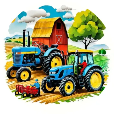 Traktor – Farma – kreslené u stodoly – jedlý obrázek na dort
