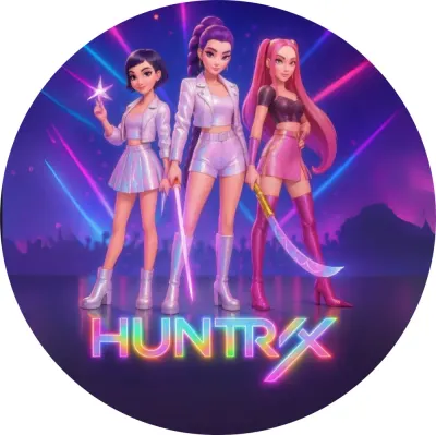 K Pop – Lovkyně Démonů – Hunterx – trio v neonech – jedlý obrázek na dort