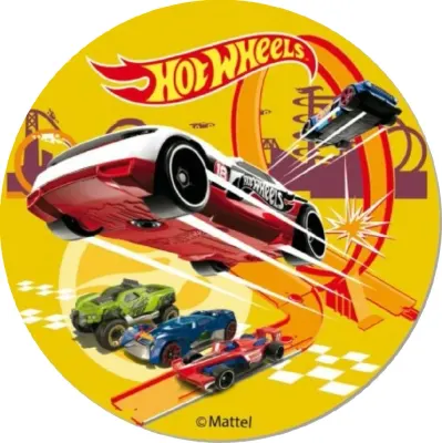 Hot Wheels – bílé auto na žluté dráze – jedlý obrázek na dort