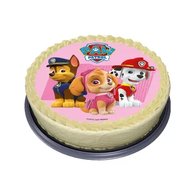 Paw Patrol – Chase, Skye a Marshall na růžovém – jedlý obrázek na dort