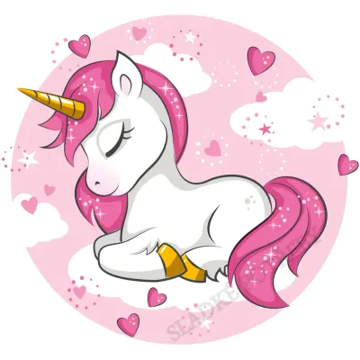 Jednorožec – Unicorn – spící v srdíčkách – jedlý obrázek na dort