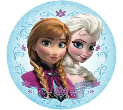 Frozen – Anna a Elsa v modrém rámu – jedlý obrázek na dort