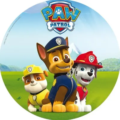 Paw Patrol aneb Tlapková patrola – Chase, Rubble a Marshall na louce – jedlý obrázek na dort