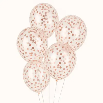 Průhledné balónky s konfetami rose gold 30 cm, 5 ks – Party Deco