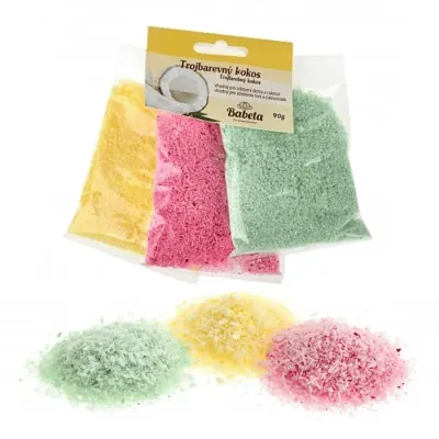 Barevný kokos strouhaný (růžový, žlutý, zelený) 90 g – Kovandovi