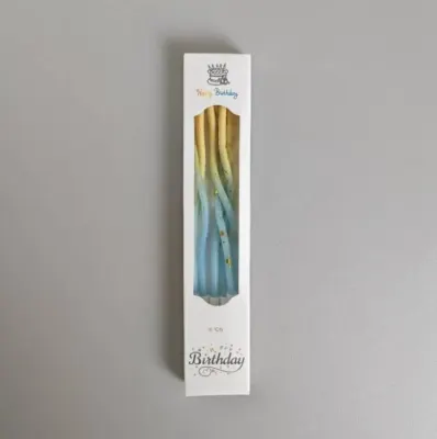 Svíčky spirálové modro-žluté se zlatým zdobením, 10 cm, 6 ks
