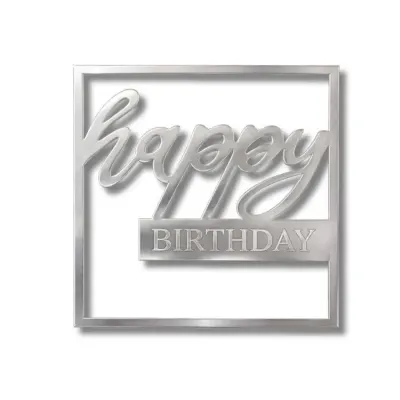 Plastová dekorace na dort Happy Birthday ve čtverci stříbrná, 10,2 x 11,4 cm