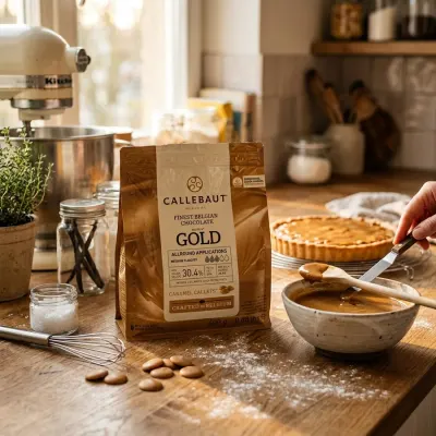 Karamelová čokoláda GOLD 30,4% peletky 400 g – Callebaut