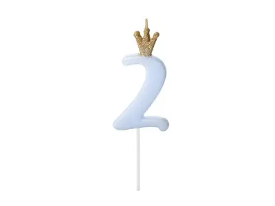 Dortová svíčka s korunkou číslo 2 modrá 9,5 cm – PartyDeco