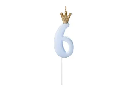 Dortová svíčka číslo 6 modrá s korunkou 9,5 cm – PartyDeco