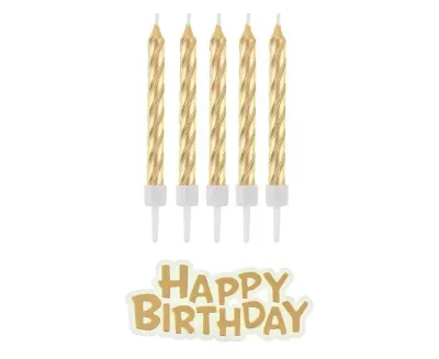 Dortové svíčky zlaté s nápisem Happy Birthday 16 ks – Godan