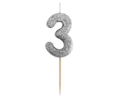 Dortová svíčka číslo 3 třpytivá černo-stříbrná, 11 × 3,5 cm – Godan