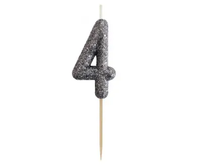 Dortová svíčka číslo 4 třpytivá černo stříbrná, 11 x 3,5 cm – Godan