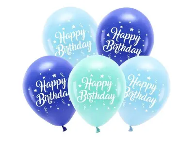 Eco balónky Happy Birthday modré a tyrkysové 26 cm, 5 ks – PartyDeco