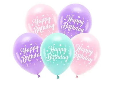 Eco balónky Happy Birthday růžové, fialové a tyrkysové 26 cm, 5 ks – PartyDeco