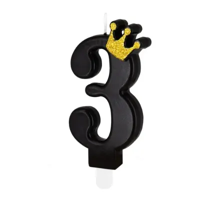 Dortová svíčka číslo 3 černá s korunkou 8,8 cm – Party Pal