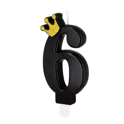 Dortová svíčka číslo 6 černá s korunkou 8,8 cm – Party Pal